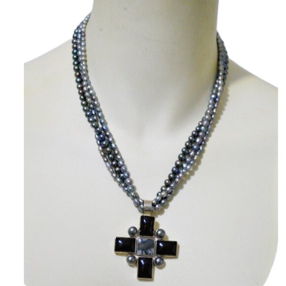 J Joe Piaso Jr Triple Strand Grey Freshwater Pearls Onyx...